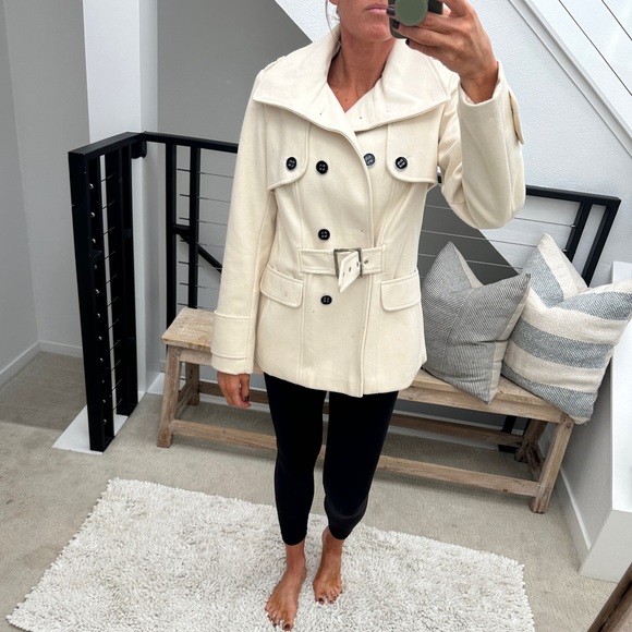 Green Envy Classic Cream Double-Breasted Wool Blend Trench Coat Fall Jacket M - Picture 3 of 11